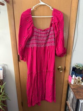 Chic Soul Hot Pink Maxi Dress with Smocked Bodice and Puff Sleeves